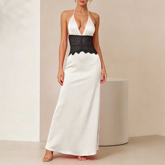 Aimik Women's Satin Lace Maxi Dress Summer Halter Deep V Solid Color Maxi Dress Silky Formal Tunic Evening Long Gown
