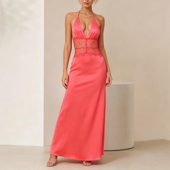 Aimik Women's Satin Lace Maxi Dress Summer Halter Deep V Solid Color Maxi Dress Silky Formal Tunic Evening Long Gown