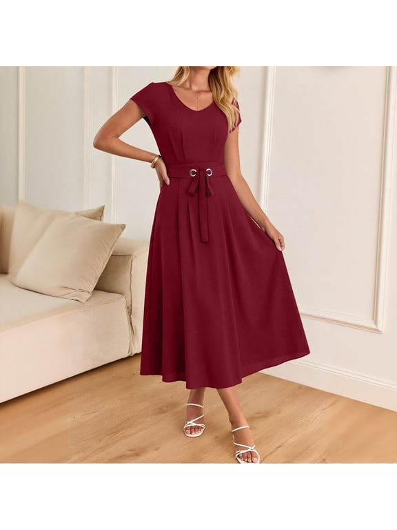 Women's Short Sleeve Tie Waist Midi Dress Summer Crew Neck Pleated Flowy A Line Dress Wrinkle Resistant Long Dress
