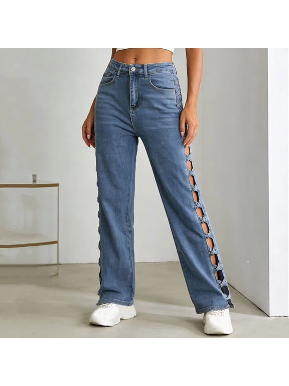 Women's Side Lace Up Flare Jeans High Waist Hollow Out Denim Pants Unique Criss-Cross Trousers for Street Fashion