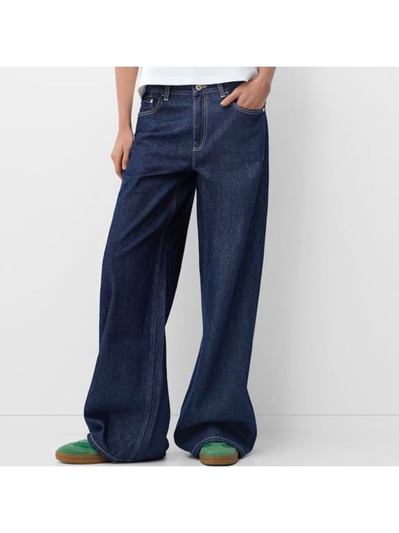 Women's Side Seam Wide Leg Jeans Dark Wash Baggy Denim Pants High Rise Loose Trousers for Minimalist Everyday Wear