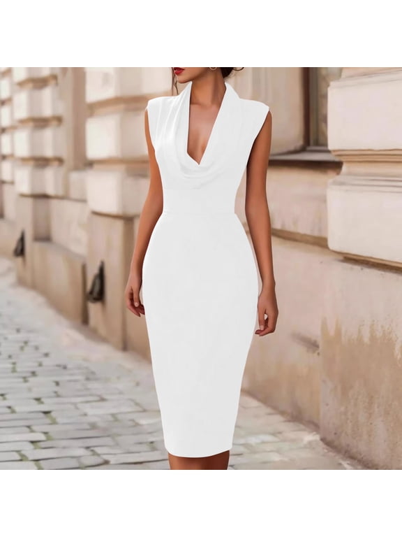 Women's Sleeveless Deep Draped Neck Bodycon Midi Dress Sleek Fitted Solid Color Workwear Cocktail Dress