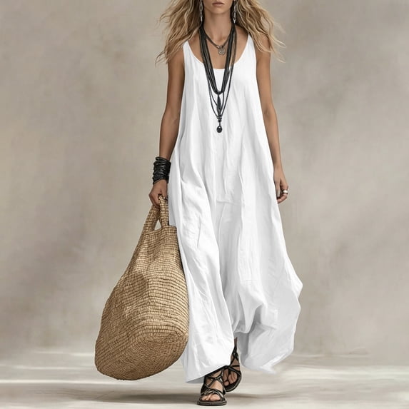 Aimik Women's Sleeveless Spaghetti Strap Loose Maxi Dress V-Neck Flowy Baggy Kaftan Casual Boho Dress