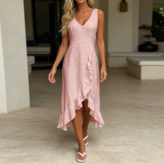 Aimik Women's Sleeveless V-Neck Ruffle Hem Midi Dress Asymmetrical High Low Romantic Summer Beach Dress