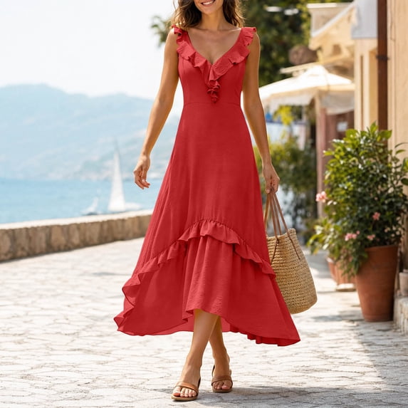 Aimik Women's Sleeveless V-Neck Ruffle Maxi Dress High Low Hem Tiered Flowy Romantic Summer Beach Dress