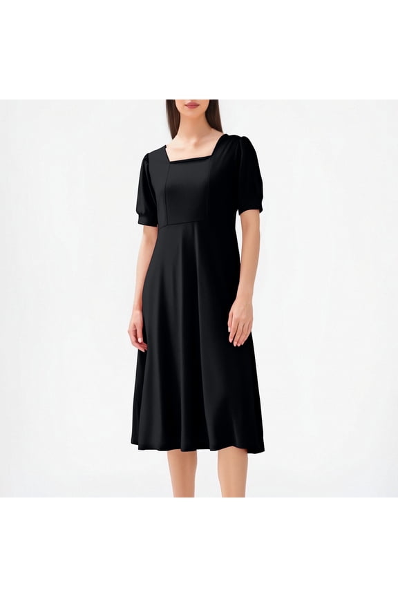 Women's Solid Color Square Collar Short Sleeve Slim Long Dress Spring and Summer Casual and Comfortable Maxi Dress