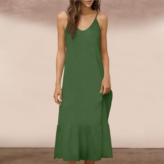 Aimik Women's Spaghetti Strap V Neck Maxi Dress Summer Cotton Blend Ruffle Hem Sleeveless Sundress Soft Loose Daily Dress