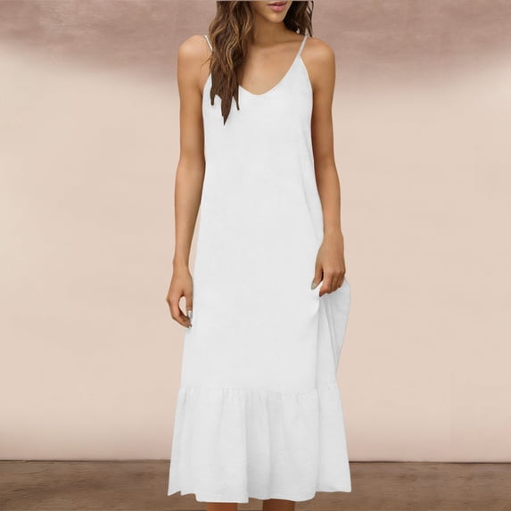 Aimik Women's Spaghetti Strap V Neck Maxi Dress Summer Cotton Blend Ruffle Hem Sleeveless Sundress Soft Loose Daily Dress