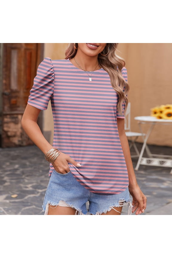 Women's Striped Print Blouse Summer Round Neck Puff Short Sleeve Daily Shirts Lightweight Loose Casual Shirt Tops