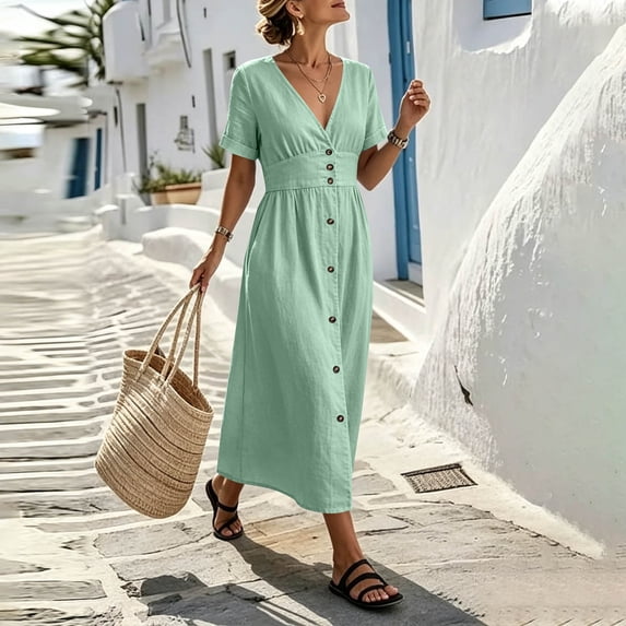 Aimik Women's Stylish V-Neck Button Down Maxi Dress Short Sleeve High Waist Summer Beach Dress with Pockets