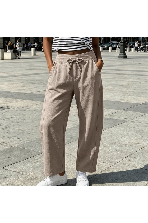 Women's Summer Beach Linen Pants High Waist Drawstring Casual Loose Wide Leg Cropped Trousers With Pockets