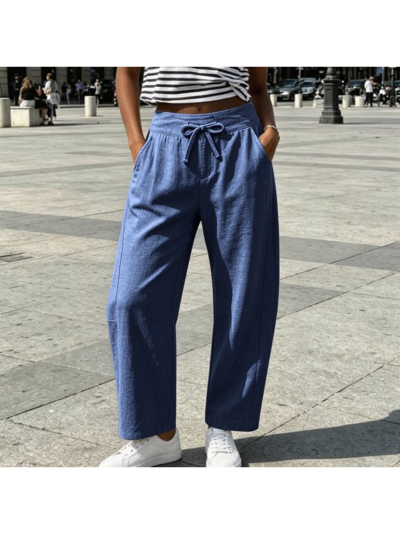 Women's Summer Beach Linen Pants High Waist Drawstring Casual Loose Wide Leg Cropped Trousers With Pockets