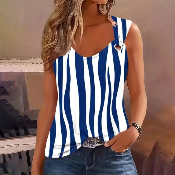 Aimik Women's Tank Tops Summer Loose Comfortable Sleeveless Crew Neck Fashion Fine Stripe Printed Blue Tops