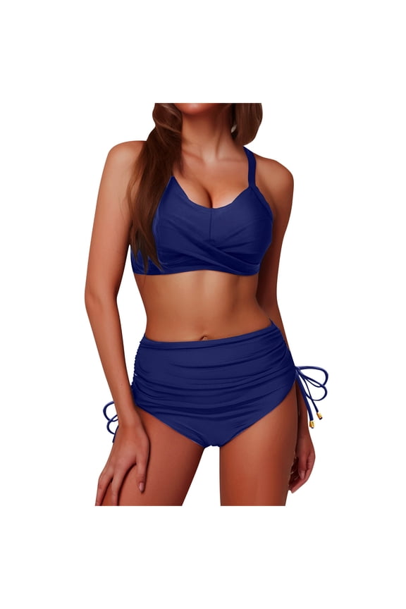 Women's Twist Front High Waist Bikini Set Ruched Side Drawstring Brief Bikini Top Stretchy Quick Dry Swimming Beach