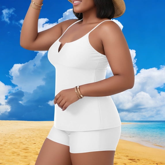 Aimik Women's Two-piece Plus Size Tankini Sets Spaghetti Strap Cami Top and Swim Shorts Summer Solid Fit Beach Bathing Suit