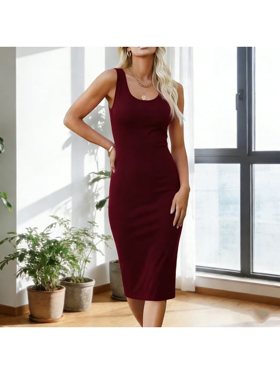 Women's U Neck Sleeveless Midi Dress Summer Solid Color Bodycon Tank Dress Stretchy Soft Daily Midi Dress