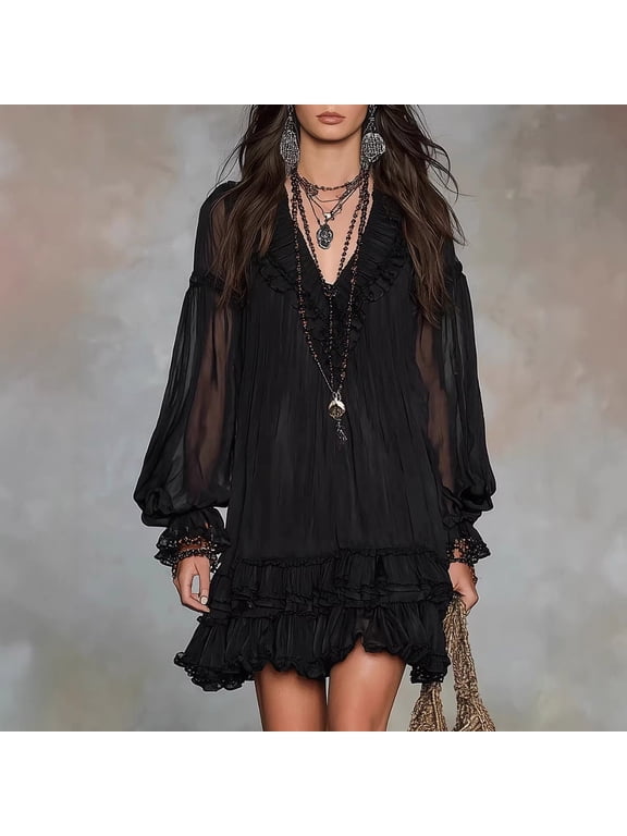 Women's V-Neck Lantern Sleeve Sheer Chiffon Mini Dress Ruffled Hem Loose Fit Boho Party Clubwear Tunic