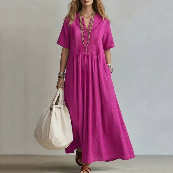 Aimik Women's V-Neck Short Sleeve Pleated Front Maxi Dress Loose Fit Flowy Swing Summer Beach Cover-Up Tunic