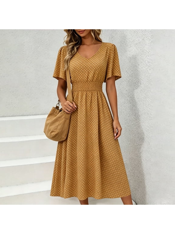 Women's V-Neck Short Sleeve Polka Dot Midi Dress Smocked Waist Flowy A-Line Swing Casual Summer Dress