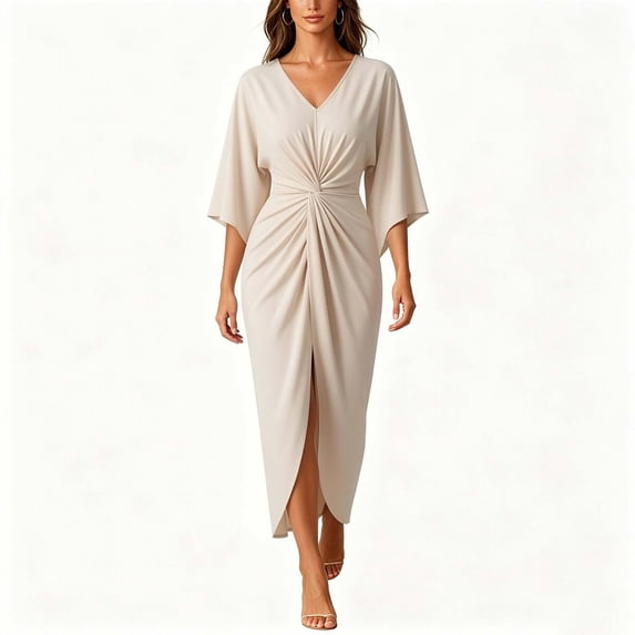 Aimik Women's V-Neck Short Sleeve Twist Front Slit Midi Dress Ruched Bodycon Elegant Evening Cocktail Dress