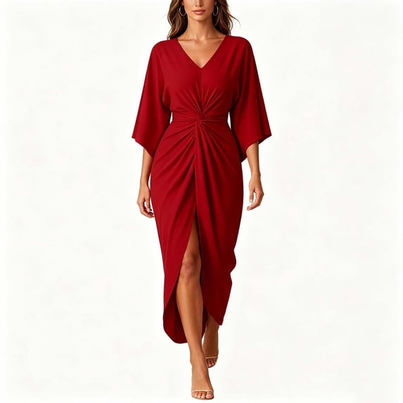 Aimik Women's V-Neck Short Sleeve Twist Front Slit Midi Dress Ruched Bodycon Elegant Evening Cocktail Dress