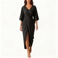 thumbnail image 1 of Aimik Women's V-Neck Short Sleeve Twist Front Slit Midi Dress Ruched Bodycon Elegant Evening Cocktail Dress, 1 of 5