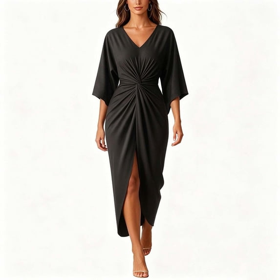 Aimik Women's V-Neck Short Sleeve Twist Front Slit Midi Dress Ruched Bodycon Elegant Evening Cocktail Dress