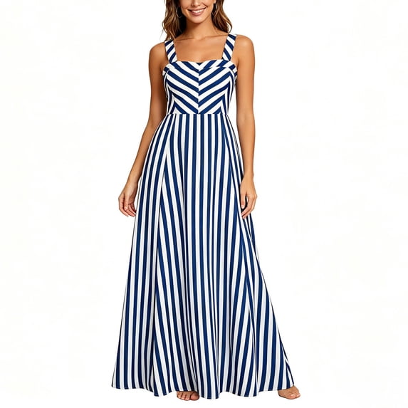 Aimik Women's V-Neck Spaghetti Strap Striped Maxi Dress High Waist Flowy A-Line Summer Beach Swing Dress