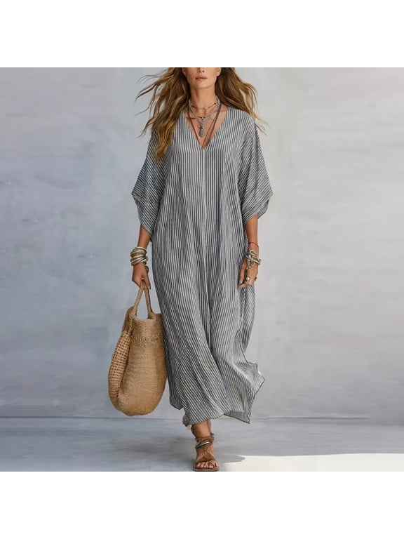 Women's V-Neck Striped Dolman Sleeve Maxi Dress Casual Loose Fit Beach Cover-Up Kaftan Summer Dresses for Women