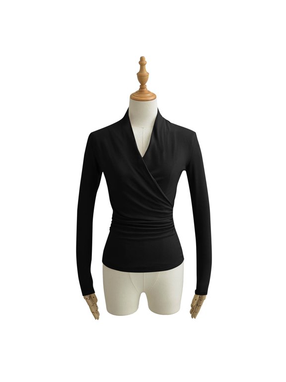 Women's V-Neck Wrap Top Long Sleeve Draped Front Ruched Pullover Top Fall Winter Slim Fit Blouse