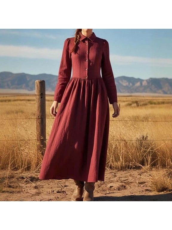Women's Vintage Button Front Long Sleeve Maxi Dress Collared A-Line Flowy Western Country Cottagecore Dress