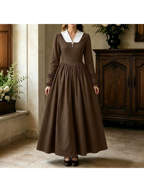 Women's Vintage Puff Sleeve Cottagecore Maxi Dress Peter Pan Collar A-Line Long Prairie Dress Summer Dresses for Women