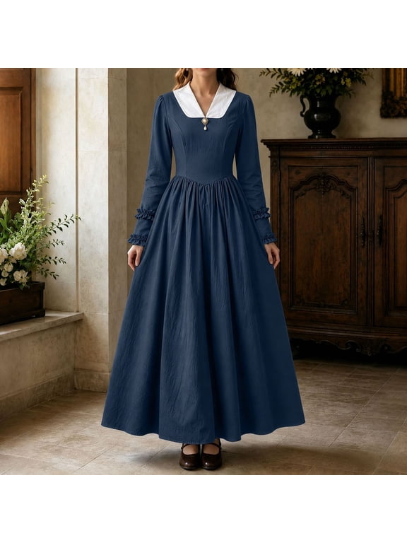 Women's Vintage Puff Sleeve Cottagecore Maxi Dress Peter Pan Collar A-Line Long Prairie Dress Summer Dresses for Women