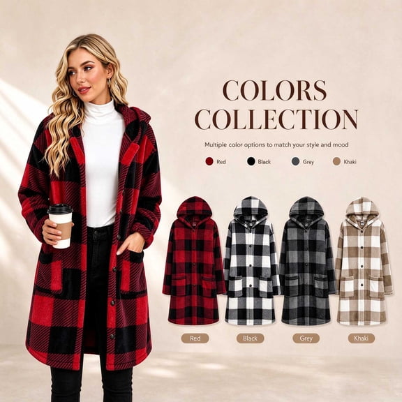 Aimik Women's Warm Winter Plaid Fleece Coat Hooded Open Front Long Shacket Jacket for Fall Cold Weather with Pockets