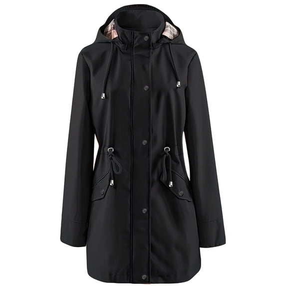 Aimik Women's Waterproof Hooded Jacket with Drawstring Waist and Zipper Pockets Mid-Length Windbreaker Coat