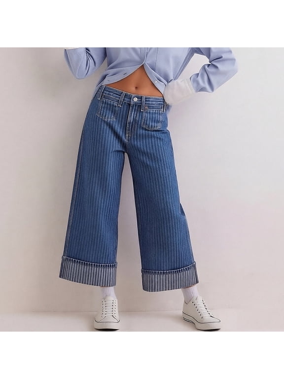Women's Wide Leg Cropped Jeans Large Cuffed Hem Denim Pants Retro Loose Trousers for Summer Holiday