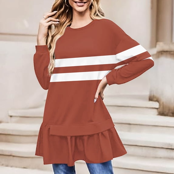 Aimik Women's Winter Color Block Long Sweatshirt Ruffle Hem Patchwork Striped Print Tunic Tops Soft Loose Long Sleeve Pullover Tops