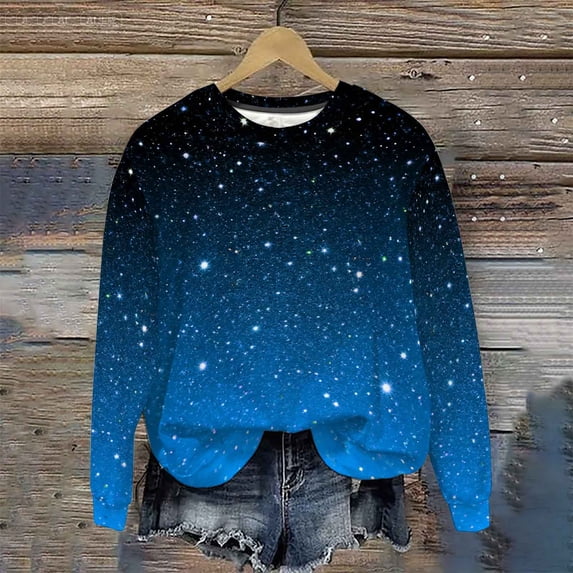 Aimik Women's Winter Galaxy Sweatshirt Ombre Glitter Star Print Crew Neck Long Sleeve Sweatshirt Loose Casual Pullover Sweatshirt