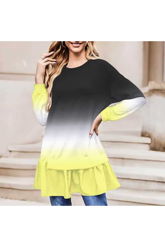 Women's Winter Gradient Long Sweatshirt Ruffle Hem Patchwork Tunic Tops Soft Loose Long Sleeve Pullover Tops
