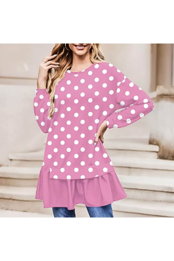 Women's Winter Long Sweatshirt Ruffle Hem Polka Dot Print Tunic Tops Soft Loose Long Sleeve Pullover Tops
