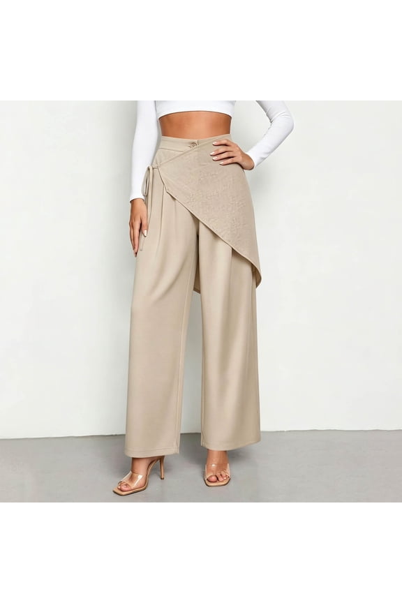 Women's Wrap Overlay Wide Leg Pants Asymmetric Waist Casual Trousers with Tie Detail Fashion Loose Bottoms