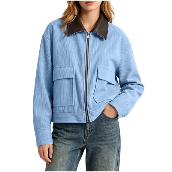 Aimik Women's Zip Up Bomber Jacket with Contrast Collar and Large Patch Pockets Cropped Utility Coat for Daily Wear