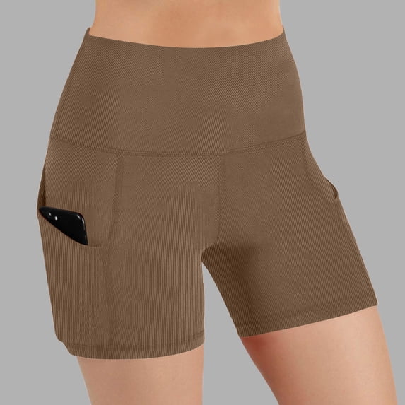 Aimik Women's solid Yoga Shorts High Waisted Tummy Control Booty Lifting Workout Shorts with Pockets Elastic Waist Summer Gym Bottoms