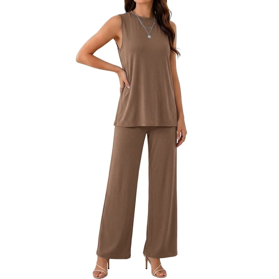 Aimik Womens 2 Piece Outfits Sleeveless High Neck Tank Top and Wide Leg Pants Set Summer Casual Lounge Sets for Women