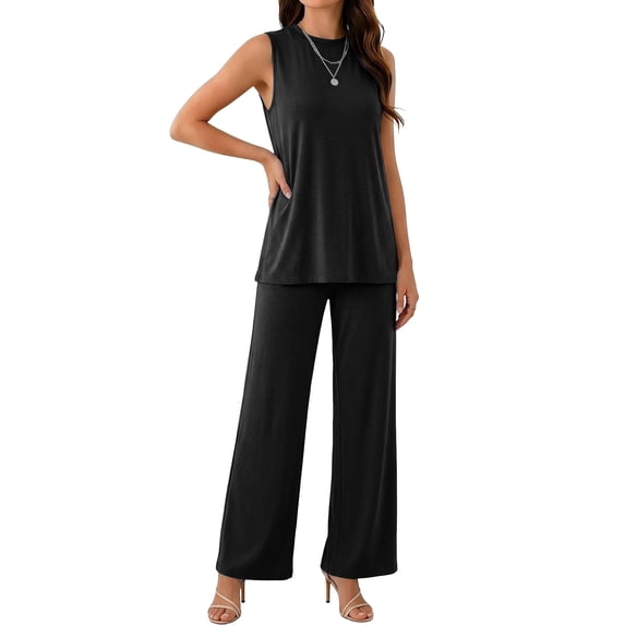 Aimik Womens 2 Piece Outfits Sleeveless High Neck Tank Top and Wide Leg Pants Set Summer Casual Lounge Sets for Women