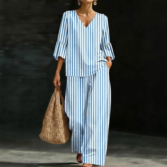 Aimik Womens 2 Piece Outfits V Neck Flare Sleeve Top and Wide Leg Long Pants Set with Pockets Fall Casual Lounge Outfit Sets