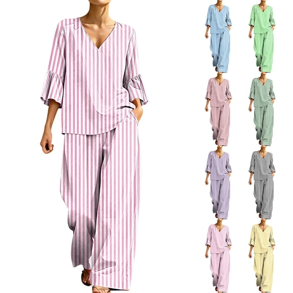 Aimik Womens 2 Piece Outfits V Neck Flare Sleeve Top and Wide Leg Long Pants Set with Pockets Fall Casual Lounge Outfit Sets