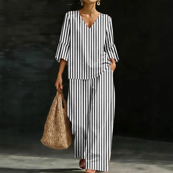 Aimik Womens 2 Piece Outfits V Neck Flare Sleeve Top and Wide Leg Long Pants Set with Pockets Fall Casual Lounge Outfit Sets