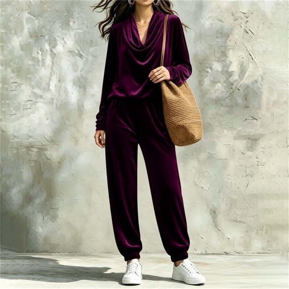 Aimik Womens 2 Piece Outfits Velour Drape Neck Long Sleeve Top and Jogger Pants Set Winter Fall Casual Lounge Sets for Women
