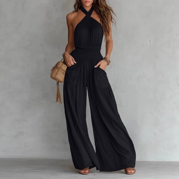 Aimik Womens Backless Jumpsuits Sleeveless Halter Ruched Waist Wide Leg Jumpsuits Summer Vacation Trendy One Piece Jumpsuit for Women